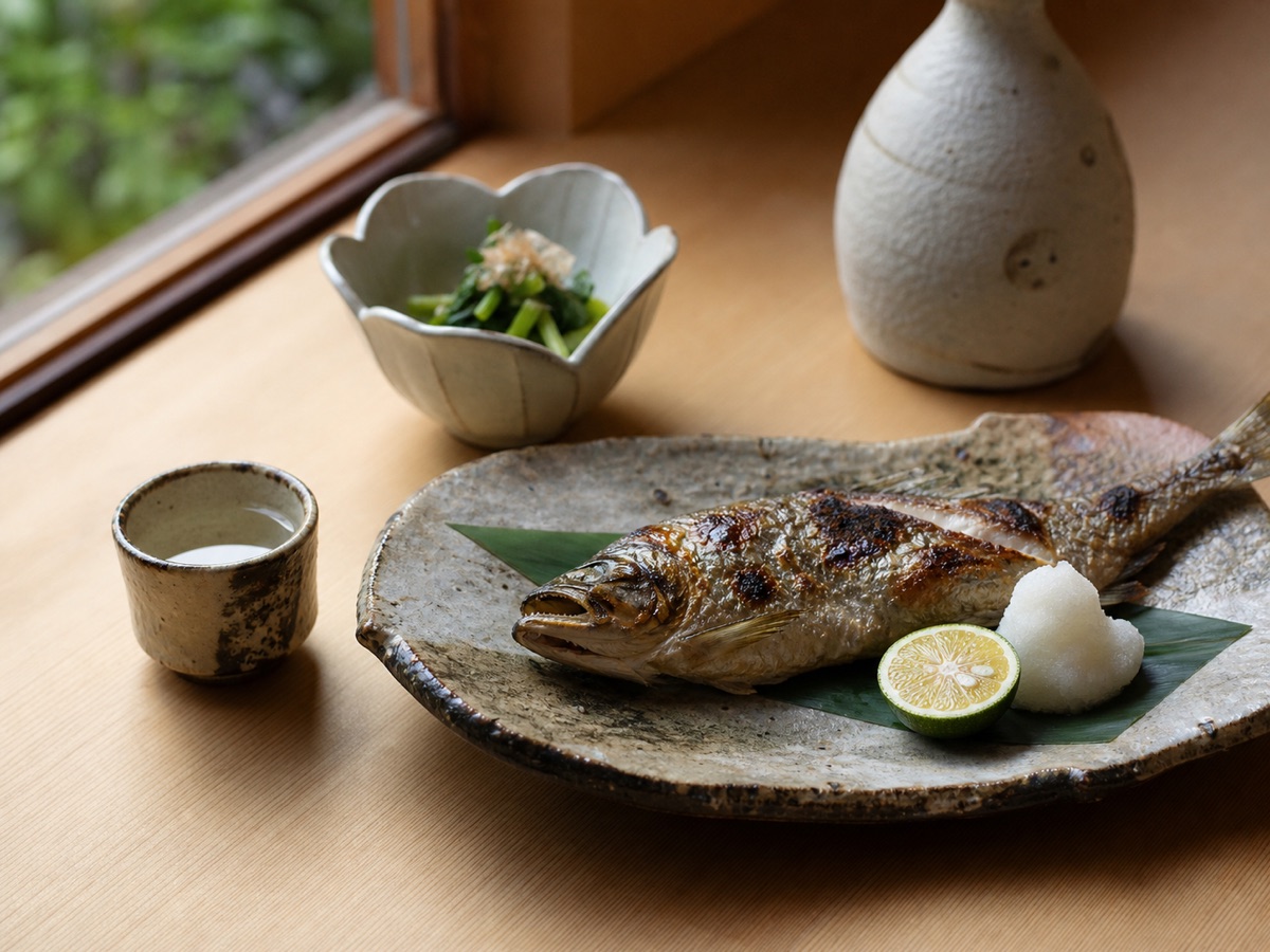 器と余白を生かして盛り付けた焼き魚
