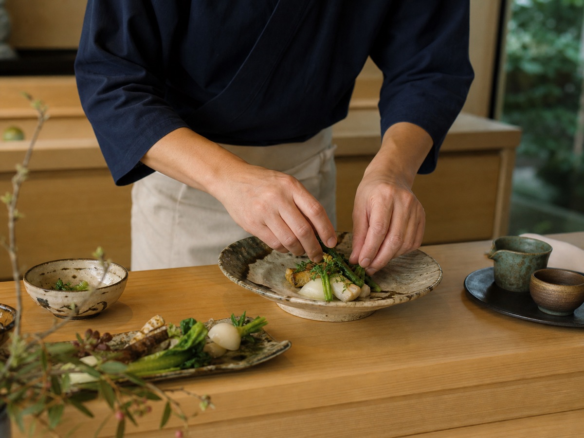 料理人が季節の一皿を仕上げる手元